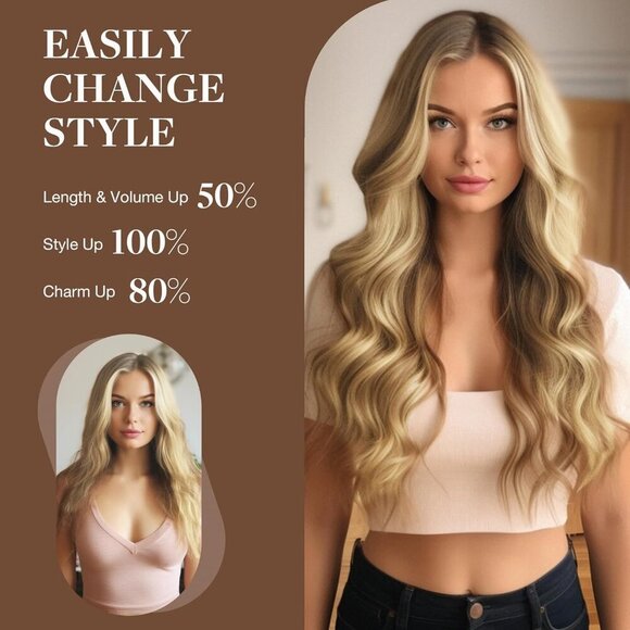 Wire Hair Extensions Human Hair, 16/22 Light Blondewith mix Golden Blonde Highli - Picture 6 of 8